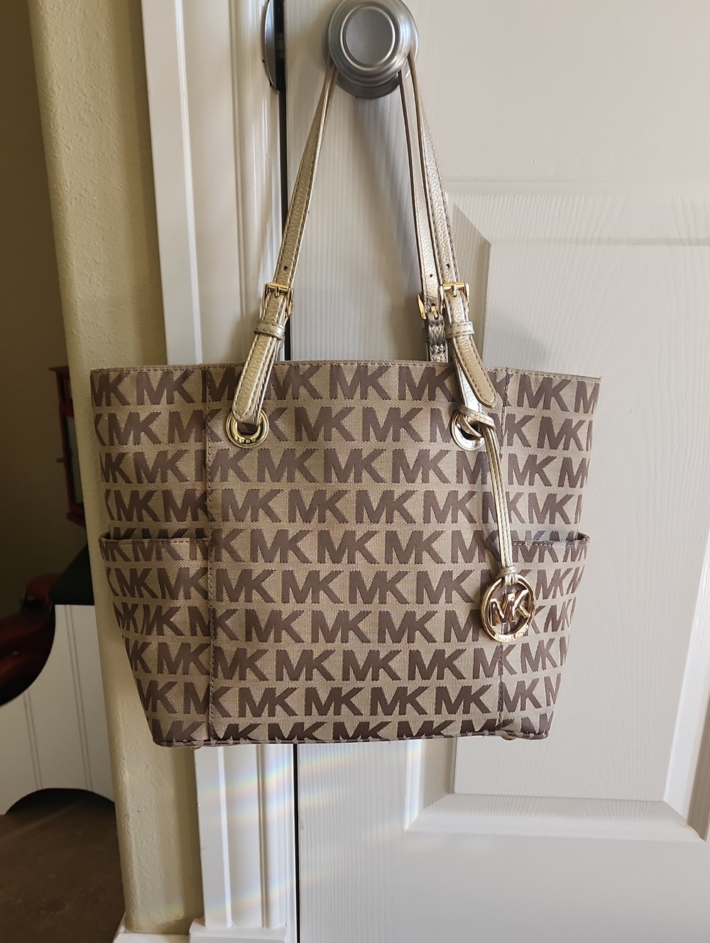 Michael Kors Beige and Brown MK Logo Tote with Gold Hardware